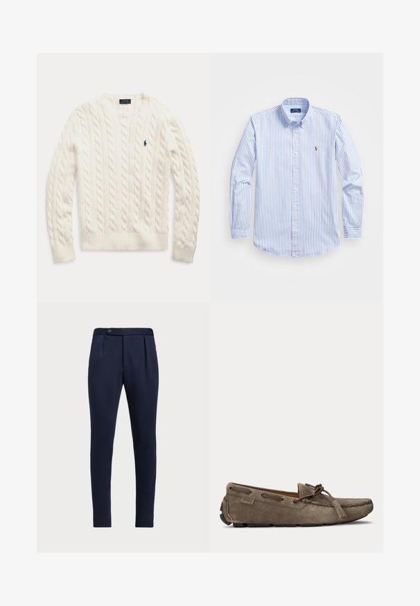 Fehér, zakózott kötött, hosszú ujjú pulóver bordás mandzsettával és alsó szegéllyel, amelyen egy kis sötétkék hímzett Polo Ralph Lauren logó található a mellrészen.; Világoskék és fehér csíkos gombos ing klasszikus gallérral, hosszú ujjakkal, és egy apró hímzett logóval a mellkasán.; Tengerészeti kék, testreszabott nadrág, lapos elejű, két elülső pliszével és egy gombos záródással, sima, textúrált anyaggal.; Sötét taupe színű, velúr mokaszincipő kerek orral, fűzős részlettel és gumitalppal. Fém füllel és bojtos díszítéssel rendelkezik.