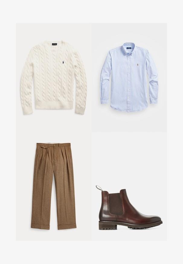 Balta megzta ilga rankovėmis palaidinė su banguotais rankogaliais ir apatine dalimi, puošta mažuoju tamsiai mėlynu siuvinėtu Polo Ralph Lauren logotipu ant krūtinės.; Šviesiai mėlynas ir baltas dryžuotas marškinių švarkelis su klasikiniu apykaklė, ilgomis rankovėmis ir mažuoju siuvinėtu logotipu ant krūtinės.; Rudi languoti kelnės su klostėta konstrukcija, pagamintos iš tekstūruotos medžiagos. Turi sagų užsegimą ir užlenktas apačias.; Rudos odinės Chelsea botai su elastiniais šonų paneleis, traukimo juosta ir tekstūruotu guminiu padu. Lygus paviršius su tvirtu žemu kulnu.