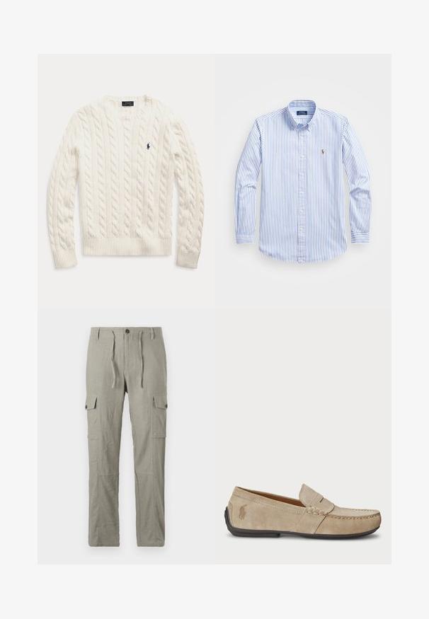 Bela pletena dolg rokav pulover s rebrastimi manšetami in robom, z majhnim mornarsko modrim izvezenim logotipom Polo Ralph Lauren na prsih.; Svetlo modra in bela prugasta srajca z gumbi, klasičnim ovratnikom, dolgimi rokavi in majhnim vezenim logotipom na prsih.; Svetlo sivi cargo hlače iz teksturirane tkanine, z vrvico v pasu, sprednjim gumbom za zapiranje in več stranskimi žepi.; Bež nubuk loafers s šivano podrobnostjo, ravnim gumijastim podplatom in majhnim logotipom ob strani. Klasična zasnova za enostavno obuvanje, mehak material.