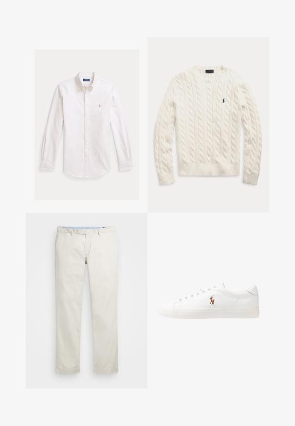 Sweater de malha branca, de manga longa, com punhos e bainha canelados, apresentando um pequeno logo bordado em azul marinho da Polo Ralph Lauren no peito.; Camisa branca com riscas verticais azul claro e bege. Apresenta gola pontiaguda, mangas compridas e um pequeno logótipo bordado no peito.; Chinos de algodão bege com frente plana, passantes para cinto e bolsos laterais. Design de perna reta com uma textura suave e uma sensação leve e respirável.; Sapatilhas de couro brancas, design de cano baixo, com textura suave, biqueira redonda, atacadores à frente e um pequeno logótipo bordado na lateral.