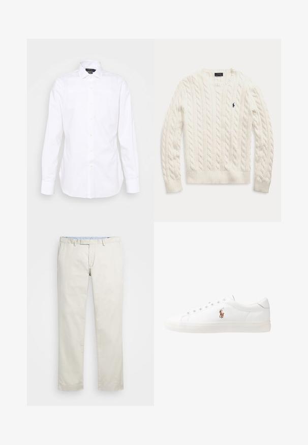 Bela pletena dolg rokav pulover s rebrastimi manšetami in robom, z majhnim mornarsko modrim izvezenim logotipom Polo Ralph Lauren na prsih.; Bela srajca z dolgimi rokavi, z gumbi spredaj, s koničastim ovratnikom, izdelana iz bombaža, gladke teksture, z diskretnim izvezenim logotipom na prsih.; Bežna bombažna chinosa z ravnim sprednjim delom, zankami za pas in stranskimi žepi. Dizajn z ravnimi nogavicami z gladko teksturo in lahkotnim, zračnim občutkom.; Bela usnjena teniski čevlji, nizki model, z gladko teksturo, okrogle konice, vezavi spredaj ter majhnim vezenim logotipom na strani.