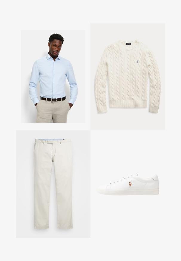 White cable knit long-sleeve sweater with ribbed cuffs and hem, featuring a small navy embroidered Polo Ralph Lauren logo on the chest.; Light blue button-up shirt with long sleeves, crafted from smooth fabric. Features a pointed collar and a tailored fit, worn with beige trousers.; Beige cotton chinos with a flat front, belt loops, and side pockets. Straight-leg design with a smooth texture and a light, breathable feel.; White leather sneakers, low-top design, featuring a smooth texture, round toe, laced front, and a small embroidered logo on the side.
