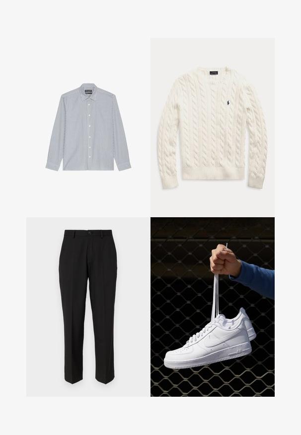 Valge soonikuga pikkade varrukatega kampsun, millel on ribatud varrukaotsad ja alläär, ning rinnal on väike tumesinine Polo Ralph Laureni logo brodering.; Sinine ja valge triibuline nööbiga särk laia kraega, pikkade varrukatega ja plastnööbiga. Pehme kangas vertikaalse mustriga detailiga.; Mustad püksid siledast kangast, sirge jala disainiga, ees olevate taskutega, ühe nööbi kinnitusega ja ilma nähtavate mustriteta.; Valged nahast tennisetossud, millel on perforatsioonid, ümar nina, lame tallus ja paksud nöörid, nähtava swooshi logoga ja "AIR" kontsadel.