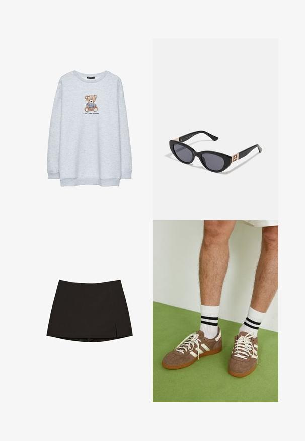 Sweat-shirt gris clair à col rond, avec un ours brodé portant une chemise rayée et le texte "Je ne peux pas supporter les lundis" en dessous.; Mini-jupe noire en tissu lisse, avec une coupe droite, des fentes latérales et un ourlet net. Simple et polyvalente.; Baskets en daim marron avec des accents et des lacets blancs. Semelle en caoutchouc gomme. Portées avec des chaussettes blanches à rayures noires. Sol texturé vert.; Guess Lunettes de soleil - shiny black; Sac à main en cuir marron foncé avec un gland tressé, matériel en ton doré, doubles poignées et une bandoulière amovible sur un fond blanc.