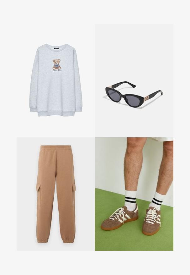 Vaaleanharmaa collegepaita, jossa on pyöreä kaula-aukko. Paidassa on brodeerattu karhu raidallisessa paidassa ja alla teksti "En voi sietää maanantaita".; Beige cargo-housut, jotka on valmistettu pehmeästä kankaasta, ja niissä on joustava vyötärö, nilkkamittaiset lahkeet ja sivutaskut, sekä pieni logotunnus.; Ruske nahkate sneakerit valkoisilla korostuksilla ja nauhoilla. Kumi-gumipohja. Yhdistetty valkoisiin sukkiin, joissa on mustia raitoja. Vihreä teksturoitu lattia.; Guess Aurinkolasit - shiny black