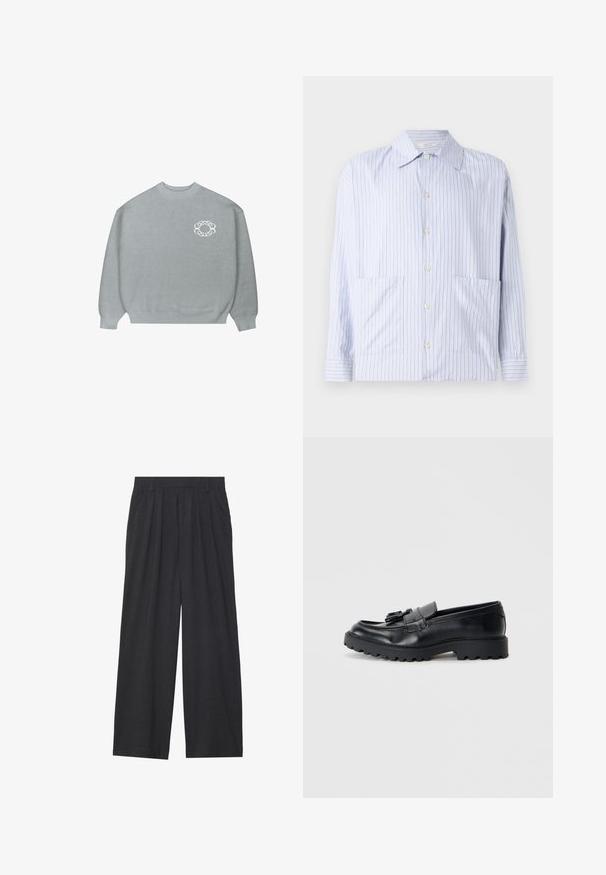 Világosszürke, kerek nyakú pulóver bordás mandzsettával és aljjal, bal mellen egy kis fehér láncsoros kör alakú logóval.; Csíkos, világoskék és fehér hosszú ujjú ing, klasszikus gallérral, gombos elülső résszel és két elülső zsebbel. Sima pamut anyag.; Sötétszürke anyagból készült, bő szárú nadrág. Ráncokkal a deréknál, elegáns fazonnal és egyenes sziluettel rendelkezik.; Fekete bőr mokaszinok fényes felülettel, vastag gumi talppal és dekoratív bojtból készült díszítéssel az elején.