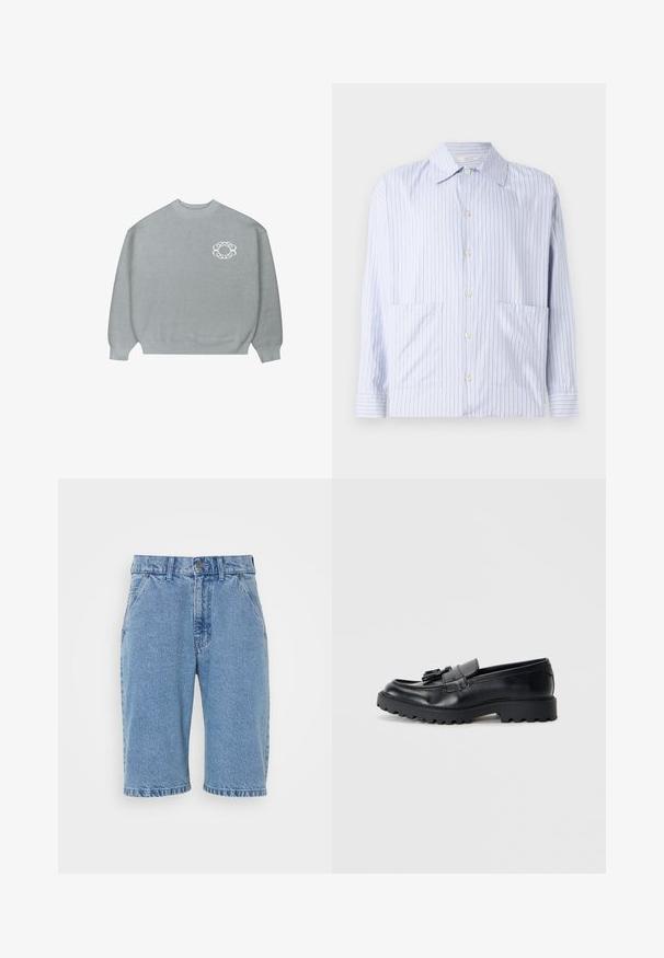 Světle šedý svetr s kulatým výstřihem, s žebrovanými manžetami a lemem, který zdobí malé bílé kruhové logo ve tvaru řetězu na levé straně hrudi.; Pruhovaná košile s dlouhým rukávem ve světle modré a bílé barvě, s klasickým límečkem, zapínáním na knoflíky a dvěma předními kapsami. Hladká bavlněná tkanina.; Džínové kraťasy ve světle modré barvě, s klasickým pětipocket designem, zapínáním na knoflík a zip, s nerovným lemem a vybledlým vzhledem.; Černé kožené mokasíny s lesklým povrchem, robustní gumovou podrážkou a dekorativním detailem v podobě třásní na přední straně.
