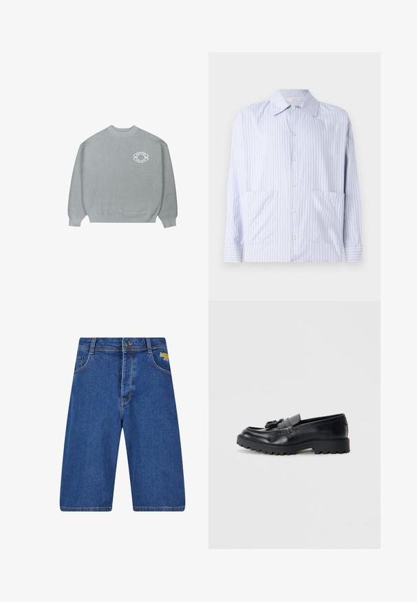 Svetlo šedý sveter s okrúhlym výstrihom, so zúženými manžetami a lemom, ktorý má na ľavej hrudi malé biele logo v tvare kruhu so vzorom reťaze.; Pruhovaná košeľa s dlhým rukávom vo svetlomodrej a bielej farbe, s klasickým golierom, zapínaním na gombíky a dvoma prednými vreckami. Hladká bavlnená tkanina.; Džínové šortky v tmavomodrej farbe s uvoľneným strihom, s klasickým päť-pocket dizajnom, žltým logom a kontrastným prešívaním.; Čierne kožené loafers s lesklým povrchom, robustnou gumovou podrážkou a ozdobným detailom v podobe strapca na prednej strane.