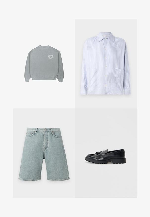 Lichtgrijze crewneck trui met ribgebreide manchetten en zoom, voorzien van een klein wit ketting-link cirkelvormig logo op de linkerkant van de borst.; Gestreept langarm shirt in lichtblauw en wit, met een klassieke kraag, knoopsluiting aan de voorkant en twee voorzakken. Glad katoen.; Lichtblauwe denim shorts met een relaxed fit, vijf zakken en een knoopsluiting. Verweerde textuur met zichtbare stikdetails.; Zwarte leren loafers met een glanzende afwerking, een dikke rubberen zool en een decoratieve kwastdetail aan de voorkant.