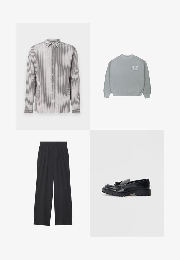 Maglione grigio chiaro a girocollo con polsini e orlo a costine, caratterizzato da un piccolo logo circolare a catena bianca sul lato sinistro del petto.; Camicia a maniche lunghe da uomo in beige chiaro con strisce verticali blu navy. Presenta un colletto a punta e bottoni bianchi lungo il davanti.; Pantaloni a gamba larga realizzati in tessuto grigio scuro. Presentano pences in vita, un design sartoriale e una silhouette dritta.; Mocassini in pelle nera con finitura lucida, suola in gomma spessa e dettaglio decorativo con nappina sul davanti.