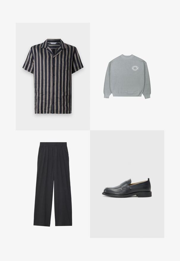 Gaiši pelēks crewneck džemperis ar ribotām piedurknēm un apakšmalu, ar mazu balto ķēdes saites apļa logotipu kreisajā krūtī.; Jūras zilas krāsas īsām piedurknēm krekls ar vertikālām krēmkrāsas svītrām, ar iegriezto apkakli, priekšējo kabatu un pogu aizdari, izgatavots no viegla, mīksta auduma.; Platas piegriezuma bikses no tumši pelēka auduma. Iezīmes - izgriezumi jostasvietā, veidota forma un taisna silueta.; Melnas ādas loafers ar gludu virsmu, plakanu zoli un noapaļotu pirkstu, ar dekoratīvu jostu pāri augšdaļai.