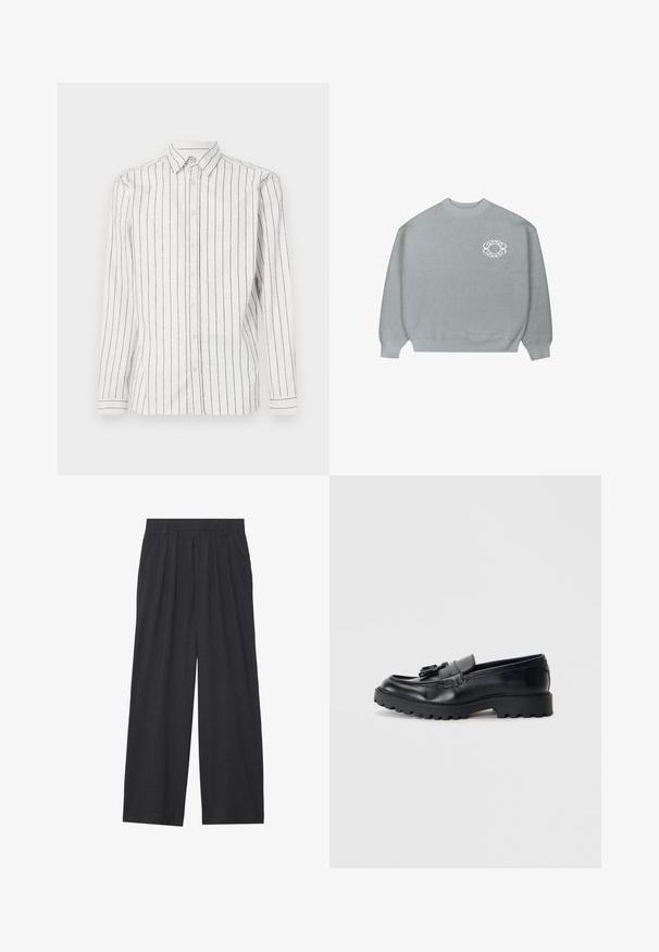 Maglione grigio chiaro a girocollo con polsini e orlo a costine, caratterizzato da un piccolo logo circolare a catena bianca sul lato sinistro del petto.; Camicia bianca a maniche lunghe con strisce verticali nere, colletto button-down e bottoni frontali. Tessuto morbido con una superficie liscia.; Pantaloni a gamba larga realizzati in tessuto grigio scuro. Presentano pences in vita, un design sartoriale e una silhouette dritta.; Mocassini in pelle nera con finitura lucida, suola in gomma spessa e dettaglio decorativo con nappina sul davanti.