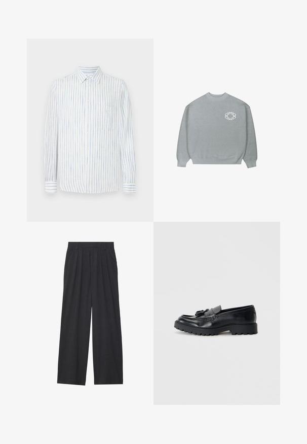 Jasnoszary sweter typu crewneck z prążkowanymi mankietami i dołem, z małym białym okrągłym logo w kształcie łańcucha po lewej stronie klatki piersiowej.; Biała koszula w niebieskie pionowe paski, zapinana na guziki, z długimi rękawami, pojedynczą kieszenią na piersi oraz lekkim, teksturowanym materiałem.; Szerokie spodnie wykonane z ciemnoszarego materiału. Posiadają pliski w talii, dopasowany krój oraz prostą sylwetkę.; Czarne skórzane mokasyny o błyszczącej powierzchni, z masywną gumową podeszwą i dekoracyjnym detalem w postaci frędzli z przodu.