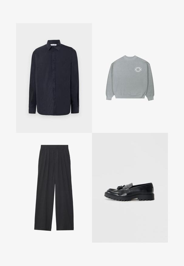 Jasnoszary sweter typu crewneck z prążkowanymi mankietami i dołem, z małym białym okrągłym logo w kształcie łańcucha po lewej stronie klatki piersiowej.; Samsøe Samsøe RYAN granatowy; Szerokie spodnie wykonane z ciemnoszarego materiału. Posiadają pliski w talii, dopasowany krój oraz prostą sylwetkę.; Czarne skórzane mokasyny o błyszczącej powierzchni, z masywną gumową podeszwą i dekoracyjnym detalem w postaci frędzli z przodu.