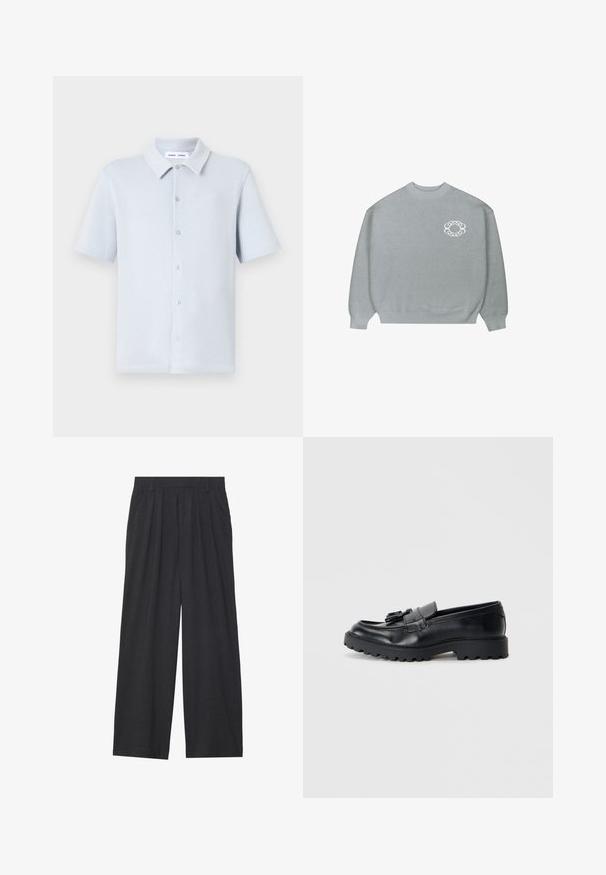 Maglione grigio chiaro a girocollo con polsini e orlo a costine, caratterizzato da un piccolo logo circolare a catena bianca sul lato sinistro del petto.; Camicia azzurro chiaro a maniche corte realizzata in tessuto a rete testurizzato, con chiusura a bottoni e colletto classico. Cinque bottoni visibili.; Pantaloni a gamba larga realizzati in tessuto grigio scuro. Presentano pences in vita, un design sartoriale e una silhouette dritta.; Mocassini in pelle nera con finitura lucida, suola in gomma spessa e dettaglio decorativo con nappina sul davanti.