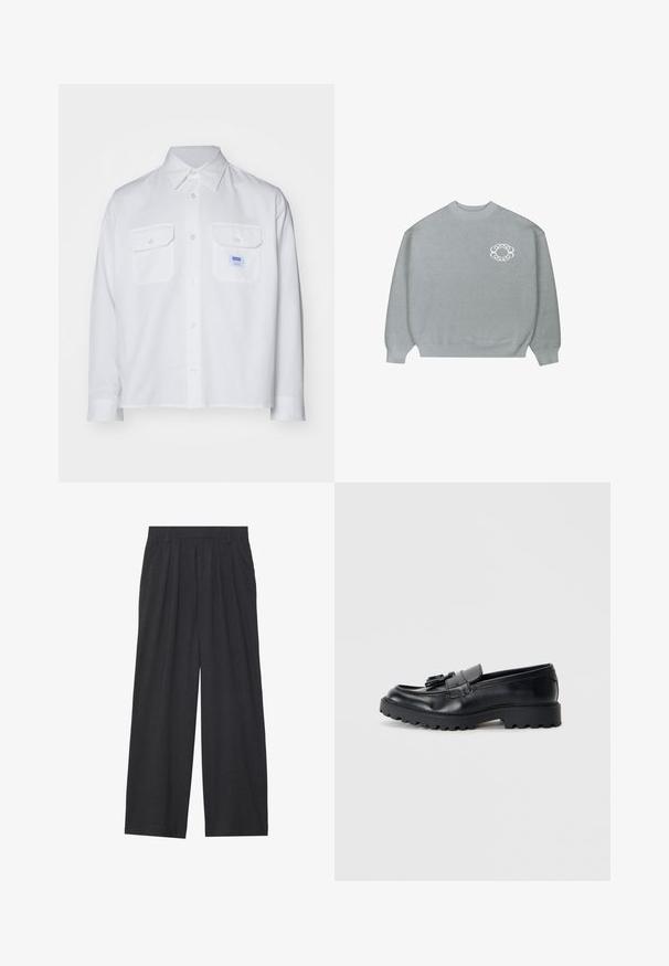 Un pull léger gris clair à col rond, avec des bords-côtes aux poignets et à l'ourlet, arborant un petit logo circulaire en chaîne blanche sur la poitrine gauche.; Chemise blanche à manches longues en coton, dotée de deux poches poitrine et d'un col à boutons. Comprend une petite étiquette de marque bleue sur la poche gauche.; Pantalons à jambes larges en tissu gris foncé. Comprend des plis à la taille, un design ajusté et une silhouette droite.; Mocassins en cuir noir avec une finition brillante, semelle en caoutchouc épaisse et détail de frange décoratif à l'avant.