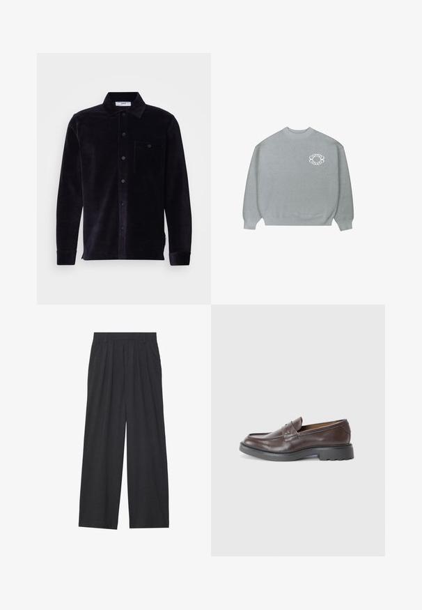 Maglione grigio chiaro a girocollo con polsini e orlo a costine, caratterizzato da un piccolo logo circolare a catena bianca sul lato sinistro del petto.; Camicia in corduroy nera con colletto, maniche lunghe, chiusura con bottoni, taschino sul petto e tessuto texturizzato. Presenta un piccolo etichetta all'orlo.; Pantaloni a gamba larga realizzati in tessuto grigio scuro. Presentano pences in vita, un design sartoriale e una silhouette dritta.; Mocassini in pelle marrone con finitura liscia, punta arrotondata, cuciture minime e suola spessa in gomma nera. Nessun hardware o accenti visibili.