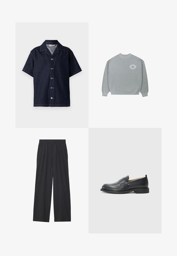 Maglione grigio chiaro a girocollo con polsini e orlo a costine, caratterizzato da un piccolo logo circolare a catena bianca sul lato sinistro del petto.; Camicia in denim a maniche corte di colore blu scuro, con colletto a punta, chiusura con bottoni e cuciture bianche a contrasto. Texture morbida.; Pantaloni a gamba larga realizzati in tessuto grigio scuro. Presentano pences in vita, un design sartoriale e una silhouette dritta.; Mocassini in pelle nera caratterizzati da una finitura liscia, suola piatta e punta arrotondata con una fascia decorativa sulla parte superiore.
