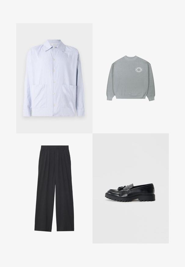 Šviesiai pilkas megztinis su apvaliu kaklu, su guluojančiomis rankogaliais ir apatine dalimi, turintis mažą baltą grandinėlės formos logotipą kairiajame krūtinės pusėje.; Šviesiai mėlynas ir baltas dryžuotas ilgomis rankovėmis marškinis, su klasikiniu apykakle, mygtukų priekiniu uždarymu ir dviem priekiniu kišenėm. Sklandus medvilnės audinys.; Tamsiai pilkos spalvos plačios kojos kelnės. Su klostėmis ties juosmeniu, pritaikyta konstrukcija ir tiesi siluetas.; Juodi odiniai loafersai su blizgiu paviršiumi, storiu guminiu padu ir dekoratyviniais kutais priekyje.