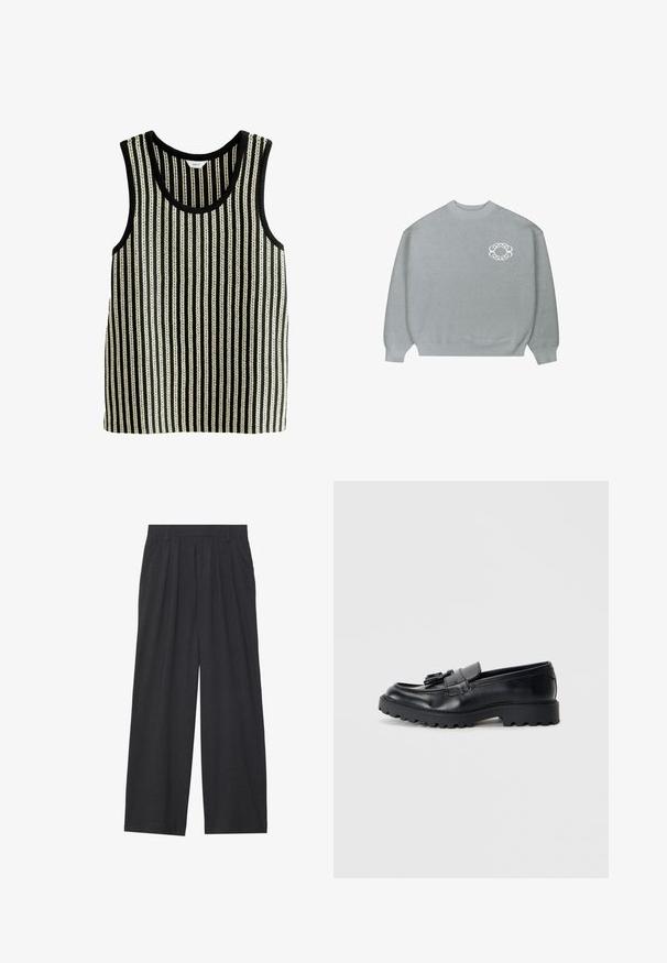 Světle šedý svetr s kulatým výstřihem, s žebrovanými manžetami a lemem, který zdobí malé bílé kruhové logo ve tvaru řetězu na levé straně hrudi.; Pruhovaný černobílý top bez rukávů s kulatým výstřihem. Textura má střídající se široké a úzké svislé pruhy.; Široké kalhoty vyrobené z tmavě šedé látky. Mají plisování v pase, střih na míru a rovný siluetu.; Černé kožené mokasíny s lesklým povrchem, robustní gumovou podrážkou a dekorativním detailem v podobě třásní na přední straně.