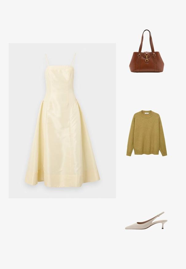 Pulover u gorućoj žutoj boji, napravljen od mekanog materijala. Ima rebrasti okrugli izrez i duge rukave sa regularnim krojem i ravnim rubom.; Žuta satenasta haljina s uskim bodicem, tankim trakama i bogatom suknjom, koja se odlikuje glatkom teksturom i blagim sjajem.; Bež sandale s potpeticom, s uskim vrhom i niskom, proširenom potpeticom. Izrađene od glatke kože s minimalističkim dizajnom i podesivim remenom.; Smeđi kožni ručni torbica s dvostrukim trakama, okruglog oblika, zlatnim hardverom i središnjim detaljem kopče. Glatka tekstura s ušivenim detaljima.