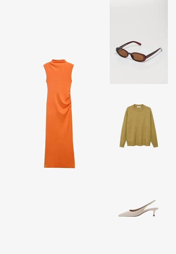 Sweater i sennepsgul, lavet af blødt stof. Har en ribbet rund halsudskæring og lange ærmer med en normal pasform og en lige kant.; Orange ærmeløs kjole med høj krave, med sideløsninger og en lang, tætsiddende silhuet i blødt, strækbart stof.; Beige slingback-hæle med spids tå og en lav, flared hæl. Fremstillet af glat læder med et minimalistisk design og justerbar rem.; Runde, bruntonede solbriller med en glansfuld bordeauxramme. Slanke arme med diskret brandingdetalje. Flad linsedesign.