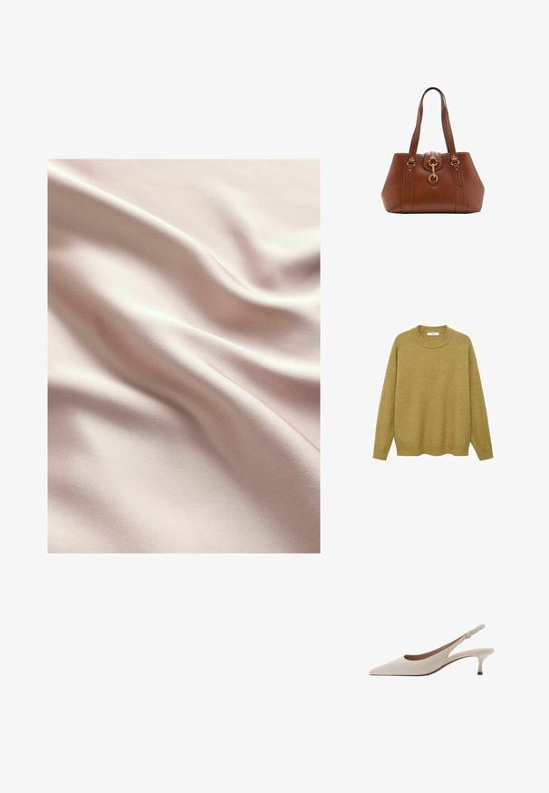 Tröja i senapsgul, tillverkad av mjukt tyg. Har en ribbad rund halsringning och långa ärmar med en vanlig passform och rak fåll.; Satin tyg i mjuk rosa med en slät textur, som har mjuka vågor och en subtil lyster. Sömmar synliga överallt.; Beige slingbackklackar med spetsig tå och en låg, utsvängd klack. Tillverkade av slätt läder med en minimalistisk design och justerbar rem.; Brun läderhandväska med dubbla remmar, en rundad form, guldhardware och detalj med centralspänne. Slät textur med sömmade accenter.