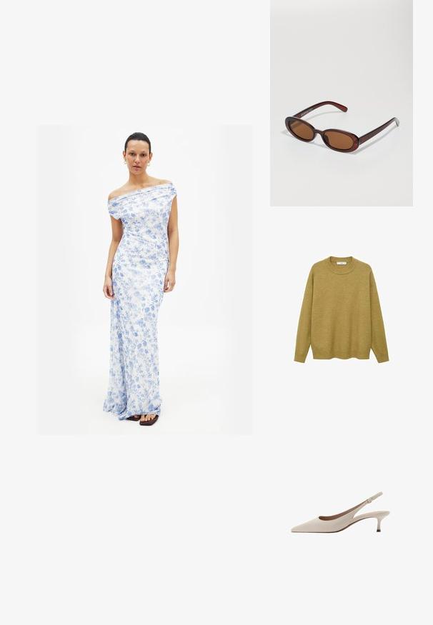 Sveter v horčicovej žltej farbe, vyrobený z mäkkej tkaniny. Má rebrovaný okrúhly výstrih a dlhé rukávy s bežným strihom a rovného lemu.; Modré maxi šaty s kvetinovým vzorom, bez ramienok, vyrobené z prúdiacej látky, s hladkou textúrou a priliehavým strihom.; Béžové lodičky na opätku s špicatou špičkou a nízkym rozšíreným opätkom. Vyrobené z hladkej kože s minimalistickým dizajnom a nastaviteľným popruhom.; Okrúhle slnečné okuliare s hnedým nádychom a lesklým burgundským rámom. Úzke ramená s jemným brandovaním. Plochej šošovky dizajn.