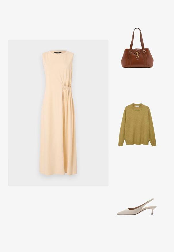 Pulover u gorućoj žutoj boji, napravljen od mekanog materijala. Ima rebrasti okrugli izrez i duge rukave sa regularnim krojem i ravnim rubom.; Suknja midi bez rukava u svijetloj bež boji, s nabranu stranom. Izrađena od mekanog materijala, s okruglim izrezom i ležernim krojem.; Bež sandale s potpeticom, s uskim vrhom i niskom, proširenom potpeticom. Izrađene od glatke kože s minimalističkim dizajnom i podesivim remenom.; Smeđi kožni ručni torbica s dvostrukim trakama, okruglog oblika, zlatnim hardverom i središnjim detaljem kopče. Glatka tekstura s ušivenim detaljima.