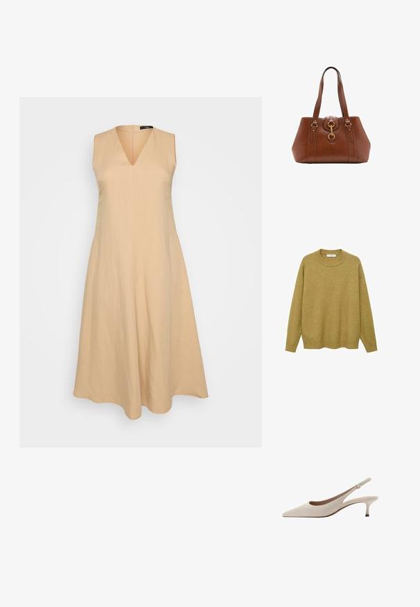 Pulover v gorčično rumeni barvi, izdelan iz mehkega blaga. Ima rebrast okrogel izrez in dolge rokave s standardnim krojem ter ravnim robom.; Bež obleka brez rokavov z V-izrezom, ki se razširi od pasu, izdelana iz lahkega materiala, z zadrgo na hrbtu.; Bež sandale s peto, ki se zavezuje za peto, z izostrenim nosom in nizko, razširjeno peto. Narejene iz gladke usnje z minimalisticnim dizajnom in prilagodljivo zanko.; Rjava usnjena torba z dvema ročajema, okroglo obliko, zlatim okovjem in osrednjim detajlom z zaponko. Gladka tekstura z izvezenimi detajli.