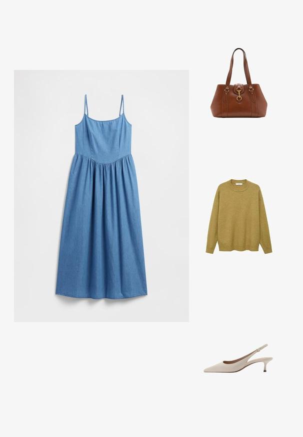 Pulover de culoare galben muștar, realizat dintr-un material moale. Are un guler rotund cu ace și mâneci lungi, cu o croială normală și un tiv drept.; Rochie din denim cu bretele subțiri, siluetă tip A și talie adunată, având o culoare albastru deschis uniformă și textură moale.; Tocuri bej cu toc înclinare, cu vârf ascuțit și un toc jos, evazat. Fabricate din piele netedă, cu un design minimalist și curea ajustabilă.; Geantă de mână din piele maro, cu curele duble, formă rotundă, accesorii din aur și un detaliu central cu cataramă. Textură netedă cu accente cusute.