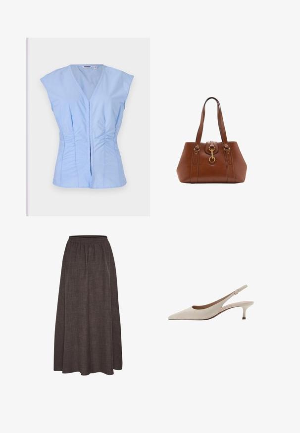 Sweater in mustard yellow, made of soft fabric. Features a ribbed round neckline and long sleeves with a regular fit and a straight hem.; Light blue sleeveless top with a V-neck, gathered side detailing, and a button front closure, made from smooth fabric with a subtle sheen.; Maxi skirt in dark brown, made of textured fabric with an elastic waistband. Wide, flowing silhouette features no visible patterns or accents.; Beige slingback heels with a pointed toe and a low, flared heel. Made from smooth leather with a minimalistic design and adjustable strap.; Brown leather handbag with dual straps, a rounded shape, gold hardware, and a central buckle detail. Smooth texture with stitched accents.