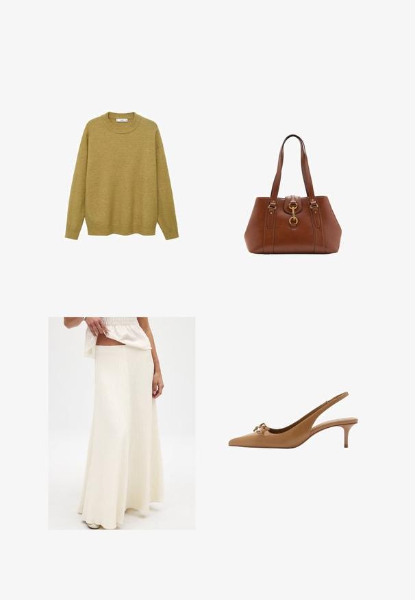 Sveter v horčicovej žltej farbe, vyrobený z mäkkej tkaniny. Má rebrovaný okrúhly výstrih a dlhé rukávy s bežným strihom a rovného lemu.; Krémová, dlhá maxi sukňa s textúrovaným povrchom. Má priliehavý pás a voľný siluetu, kombinovaná s voľným, živým topom.; Hnedé kožené slingback podpätky s špicatou špičkou, malým podpätkom a ozdobnou mašľou na prednej strane. Hladká textúra a klasický dizajn.; Hnedá kožená taška s dvojitými popruhmi, zaobleným tvarom, zlatými kovovými doplnkami a centrálnym detailom s prackou. Hladký povrch s prešitými akcentami.