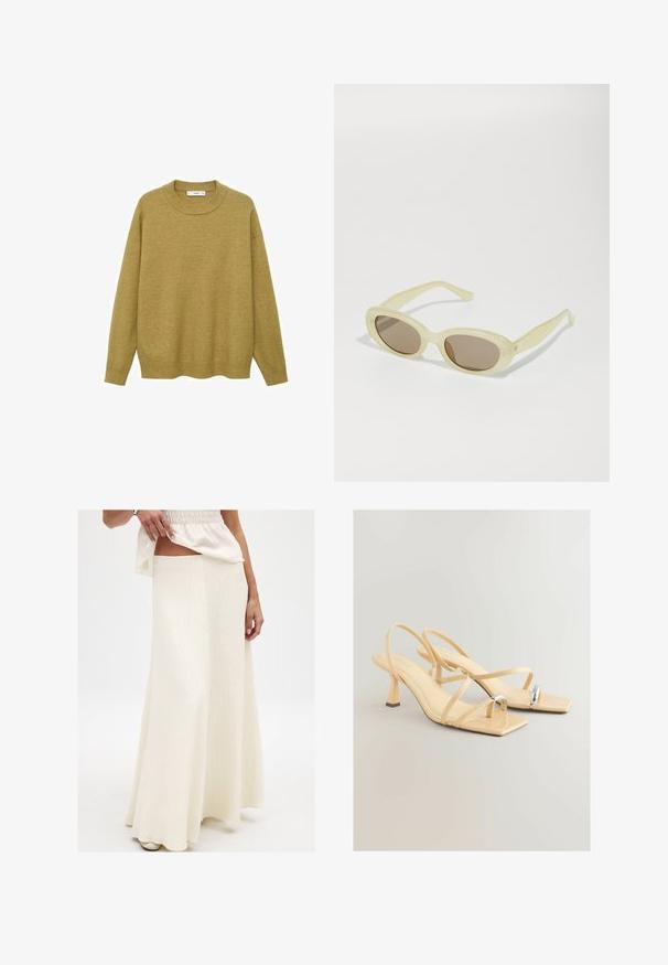 Sweater in mustard yellow, made of soft fabric. Features a ribbed round neckline and long sleeves with a regular fit and a straight hem.; Cream, long maxi skirt with a textured finish. Features a fitted waist and flowing silhouette, paired with a loose, vibrant top.; Beige heeled sandals with a square toe, thin straps, and a metallic accent on the toe. High, block heel for stability.; Oval sunglasses with a translucent pale yellow frame and brown lenses. Features smooth texture and subtle hardware accents on the sides.