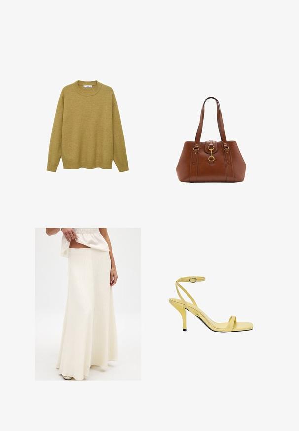 Trui in mosterdgeel, gemaakt van zachte stof. Voorzien van een geribbelde ronde halslijn en lange mouwen met een reguliere pasvorm en een rechte zoom.; Crème, lange maxi rok met een getextureerde afwerking. Beschikt over een getailleerde taille en een vloeiende silhouet, gecombineerd met een losse, levendige top.; Geel leren slingback sandalen met hoge hakken, een vierkante neus, een dunne enkelband en een glanzende afwerking, met een zwarte hakaccent.; Bruine leren handtas met dubbele banden, een afgeronde vorm, gouden hardware en een centrale sluiting. Gladde textuur met gestikte accenten.