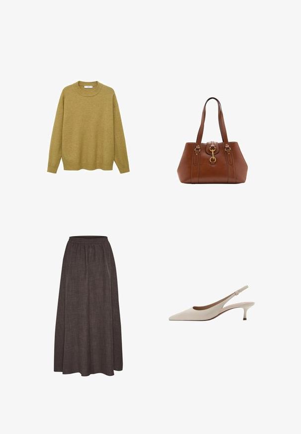 Sweater in mustard yellow, made of soft fabric. Features a ribbed round neckline and long sleeves with a regular fit and a straight hem.; Maxi skirt in dark brown, made of textured fabric with an elastic waistband. Wide, flowing silhouette features no visible patterns or accents.; Beige slingback heels with a pointed toe and a low, flared heel. Made from smooth leather with a minimalistic design and adjustable strap.; Brown leather handbag with dual straps, a rounded shape, gold hardware, and a central buckle detail. Smooth texture with stitched accents.