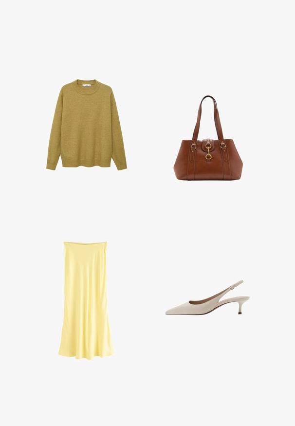 Tröja i senapsgul, tillverkad av mjukt tyg. Har en ribbad rund halsringning och långa ärmar med en vanlig passform och rak fåll.; Gul, ärmlös, knälång klänning i ett mjukt, lätt material med en flödande silhuett och en rak halsringning.; Beige slingbackklackar med spetsig tå och en låg, utsvängd klack. Tillverkade av slätt läder med en minimalistisk design och justerbar rem.; Brun läderhandväska med dubbla remmar, en rundad form, guldhardware och detalj med centralspänne. Slät textur med sömmade accenter.