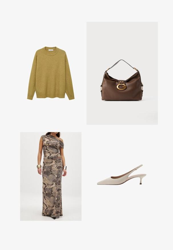 Pull en jaune moutarde, fait d'un tissu doux. Il présente un col rond côtelé et des manches longues avec une coupe régulière et un ourlet droit.; Robe maxi à une épaule, fabriquée en tissu léger, avec une base beige et des motifs animaliers et abstraits noirs.; Des escarpins slingback beiges avec un bout pointu et un talon évasé bas. Fabriqués en cuir lisse avec un design minimaliste et une sangle réglable.; Sac à main en cuir marron avec une finition texturée, doté d'une fermeture en métal doré et d'une seule anse arrondie.