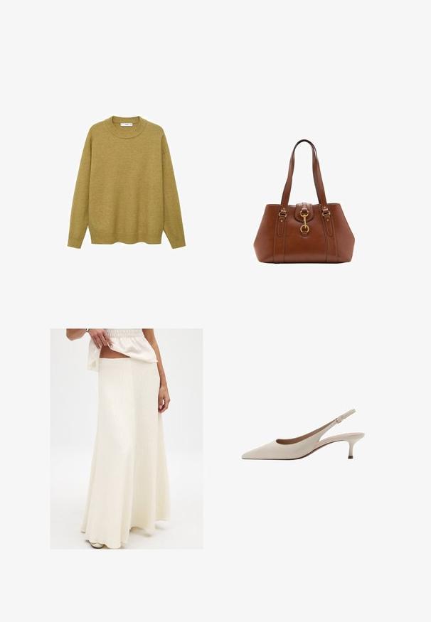 Sweater i sennepsgul, lavet af blødt stof. Har en ribbet rund halsudskæring og lange ærmer med en normal pasform og en lige kant.; Creme, lang maxi nederdel med en struktureret finish. Har en tætsiddende talje og flydende silhuet, parret med en løs, livlig top.; Beige slingback-hæle med spids tå og en lav, flared hæl. Fremstillet af glat læder med et minimalistisk design og justerbar rem.; Brun lædertaske med dobbelte stropper, rund form, guldfarvet hardware og en central spænde detalje. Glat tekstur med syninger.