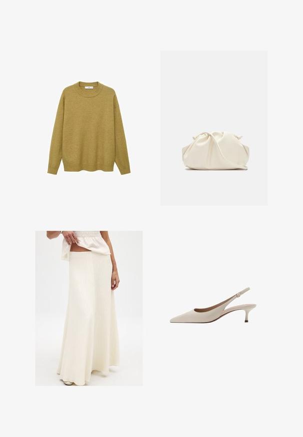 Pullover in Senfgelb, aus weichem Material gefertigt. Verfügt über einen gerippten Rundhalsausschnitt und lange Ärmel mit regulärer Passform und geradem Saum.; Cremfarbene, lange Maxiröcke mit strukturierter Oberfläche. Bietet einen taillierten Bund und eine fließende Silhouette, kombiniert mit einem lockeren, lebhaften Oberteil.; Beige Slingback-Absatzschuhe mit spitzer Zehenform und niedrigem, ausgestellten Absatz. Hergestellt aus glattem Leder mit einem minimalistischen Design und verstellbarem Riemen.; Cremfarbener, weicher Kunstlederbeutel mit gerafftem Design, verstellbarem Schultergurt und subtiler Kordelzug-Verschluss. Glatte Textur und runde Form.