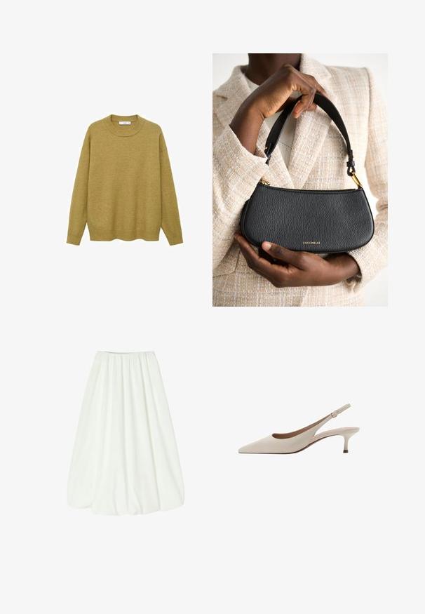 Sweater i sennepsgul, lavet af blødt stof. Har en ribbet rund halsudskæring og lange ærmer med en normal pasform og en lige kant.; Hvid, knælang nederdel med elastisk talje. Blødt stof med en glat tekstur og en fyldig silhuet, der skaber bløde draperinger.; Beige slingback-hæle med spids tå og en lav, flared hæl. Fremstillet af glat læder med et minimalistisk design og justerbar rem.; Sort læderhåndtaske med en struktureret overflade, slankt design, kort rem og en guld-logo accent. Holdt mod en lysstofbaggrund.