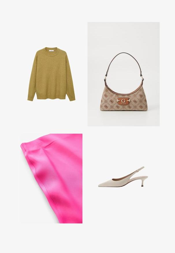 Pull en jaune moutarde, fait d'un tissu doux. Il présente un col rond côtelé et des manches longues avec une coupe régulière et un ourlet droit.; Tissu en satin rose vif avec une texture lisse, comportant un bord propre et un léger brillant. Pas de motifs ni de détails supplémentaires visibles.; Des escarpins slingback beiges avec un bout pointu et un talon évasé bas. Fabriqués en cuir lisse avec un design minimaliste et une sangle réglable.; Sac fourre-tout en tissu beige avec des accents en motif marron. Présente une forme courbée, une seule sangle et une plaque logo à l'avant avec des accessoires en argent.