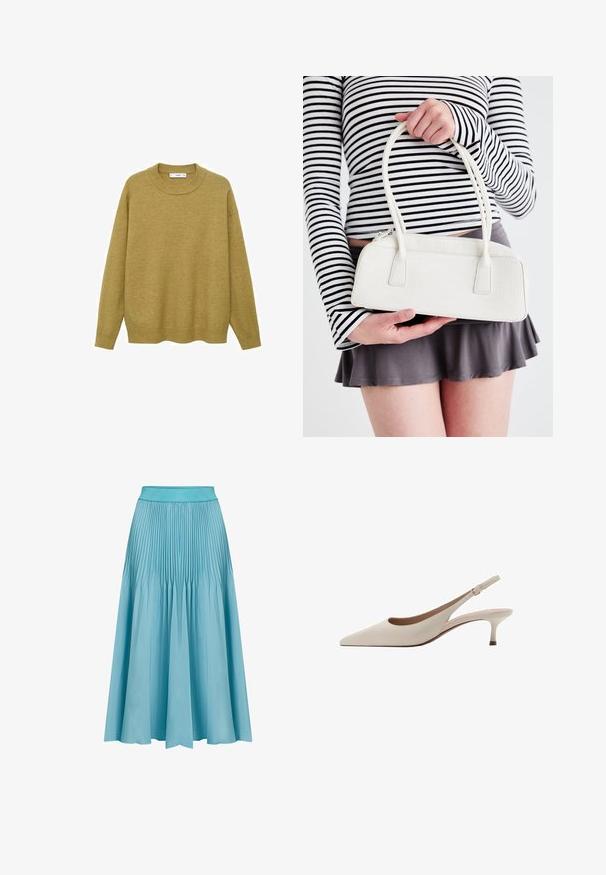 Villapaita sinapinankeltaisena, pehmeästä kankaasta valmistettu. Ominaisuuksiin kuuluu ribbatut pyöreät kaula-aukot ja pitkät hihat, joissa on normaali istuvuus ja suora helma.; Pleated midi-hame vaaleansinisessä värissä. Ominaisuuksiin kuuluu leveä vyötärö, virtaava muoto ja pystysuorat laskokset, jotka lisäävät tekstuuria ja liikettä.; Beige avokkaat, joissa on terävä kärki ja matala, löysä kanta. Valmistettu sileästä nahasta, minimalistisella suunnittelulla ja säädettävällä hihnalla.; Valkoinen krokotiiliraidallinen käsilaukku, jossa on kaksi kahvaa, suorakulmainen muoto ja vetoketjukiinnitys. Esitetty vaaleaa taustaa vasten.