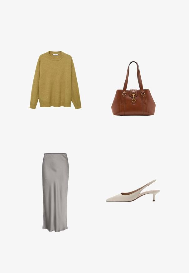 Trui in mosterdgeel, gemaakt van zachte stof. Voorzien van een geribbelde ronde halslijn en lange mouwen met een reguliere pasvorm en een rechte zoom.; Grijze satijnen midi-rok met een soepele textuur, een lichte glans en een uitlopende zoom, met een eenvoudig, strak ontwerp.; Beige slingback hakken met een puntige neus en een lage, uitlopende hak. Gemaakt van glad leer met een minimalistisch ontwerp en een verstelbare band.; Bruine leren handtas met dubbele banden, een afgeronde vorm, gouden hardware en een centrale sluiting. Gladde textuur met gestikte accenten.