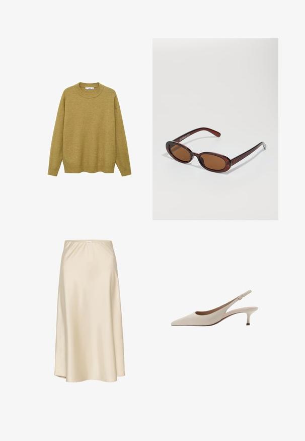 Pullover in Senfgelb, aus weichem Material gefertigt. Verfügt über einen gerippten Rundhalsausschnitt und lange Ärmel mit regulärer Passform und geradem Saum.; Beige Satin A-Linienrock mit elastischem Bund, glatter Textur und fließender Silhouette, die sanft zur Saumkante verläuft.; Beige Slingback-Absatzschuhe mit spitzer Zehenform und niedrigem, ausgestellten Absatz. Hergestellt aus glattem Leder mit einem minimalistischen Design und verstellbarem Riemen.; Runde, braun getönte Sonnenbrillen mit einem glänzenden burgunderfarbenen Rahmen. Schlanke Bügel mit dezentem Branding. Flaches Linsendesign.
