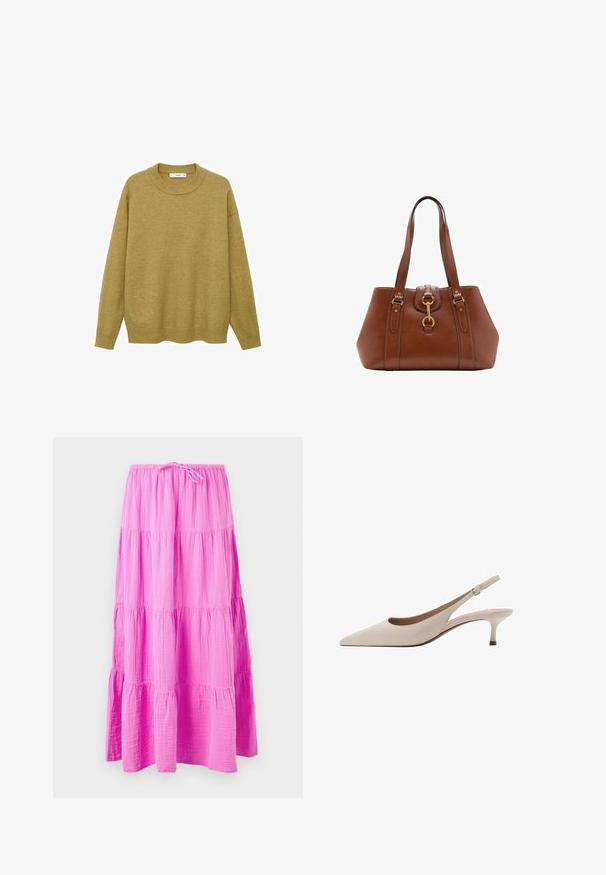 Pullover in Senfgelb, aus weichem Material gefertigt. Verfügt über einen gerippten Rundhalsausschnitt und lange Ärmel mit regulärer Passform und geradem Saum.; Lange, gestufte Rock in leuchtendem Pink, aus einem weichen, strukturierten Stoff. Verfügt über einen elastischen Bund mit Kordelzug für eine verstellbare Passform.; Beige Slingback-Absatzschuhe mit spitzer Zehenform und niedrigem, ausgestellten Absatz. Hergestellt aus glattem Leder mit einem minimalistischen Design und verstellbarem Riemen.; Braune Lederhandtasche mit strukturierter Form, goldfarbenen Beschlägen, doppelten Schulterriemen und einem dekorativen Schnallendetail in der Mitte.