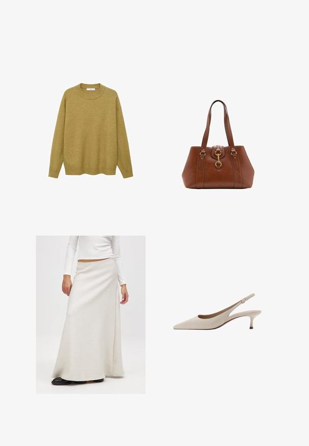 Pull en jaune moutarde, fait d'un tissu doux. Il présente un col rond côtelé et des manches longues avec une coupe régulière et un ourlet droit.; Longue jupe blanche texturée avec un design enveloppant, en tissu doux et silhouette fluide, associée à des chaussures plates noires.; Des escarpins slingback beiges avec un bout pointu et un talon évasé bas. Fabriqués en cuir lisse avec un design minimaliste et une sangle réglable.; Sac à main en cuir marron avec deux poignées, de forme arrondie, matériel en or et un détail de boucle central. Texture lisse avec des accents cousus.