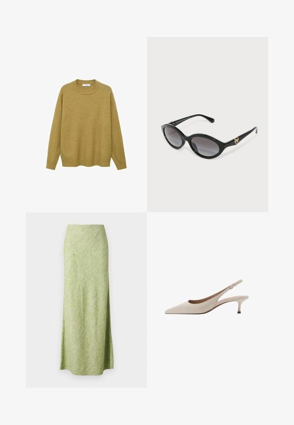 Pull en jaune moutarde, fait d'un tissu doux. Il présente un col rond côtelé et des manches longues avec une coupe régulière et un ourlet droit.; Samsøe Samsøe SAAGNETA LONG SKIRT - Jupe longue - peridot mel; Des escarpins slingback beiges avec un bout pointu et un talon évasé bas. Fabriqués en cuir lisse avec un design minimaliste et une sangle réglable.; Lunettes de soleil noires en forme d'œil de chat avec des verres gris dégradés. Cadre en plastique brillant et accent logo en ton or sur la branche.