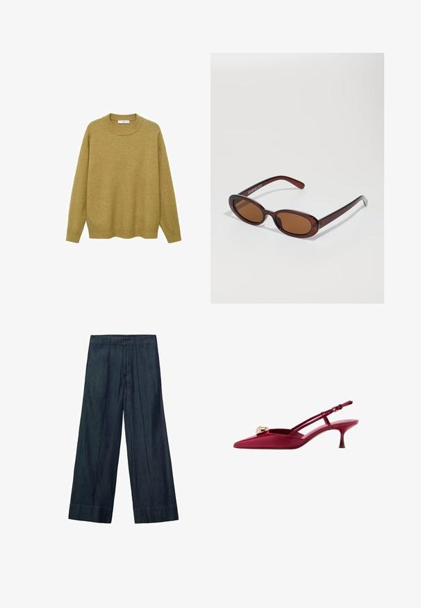 Maglione giallo senape, realizzato in tessuto morbido. Presenta un colletto rotondo a costine e maniche lunghe con vestibilità regolare e orlo dritto.; Pantaloni a gamba larga in denim scuro, con un alto punto vita, pieghe frontali e una texture liscia. L'orlo è dritto senza ulteriori dettagli.; Scarpa con tacco a rocchetto in vernice rossa, con punta affusolata, adornata da un accento sferico dorato e un tacco sottile. Dettaglio della cinturini regolabili.; Occhiali da sole rotondi con tonalità marrone, montatura lucida color bordeaux. Aste sottili con un sottile dettaglio del marchio. Design delle lenti piatte.; Borsa a tracolla in pelle marrone con doppie cinghie, forma arrotondata, accessori in oro e un dettaglio con fibbia centrale. Texture liscia con rifiniture cucite.