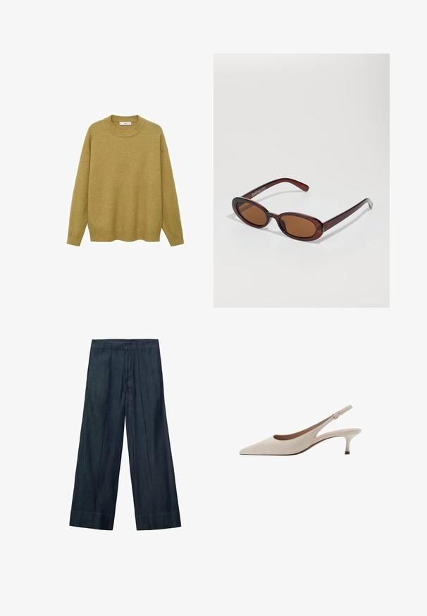 Pulover de culoare galben muștar, realizat dintr-un material moale. Are un guler rotund cu ace și mâneci lungi, cu o croială normală și un tiv drept.; Pantaloni largi din denim închis, având un talie înaltă, pliseuri frontale și o textură netedă. Baza este dreaptă, fără detalii suplimentare.; Tocuri bej cu toc înclinare, cu vârf ascuțit și un toc jos, evazat. Fabricate din piele netedă, cu un design minimalist și curea ajustabilă.; Ochelari de soare rotunzi, cu nuanțe de brown și cu un cadru lucios de burgund. Brațe subțiri cu detalii subtile de branding. Design cu lentile plate.